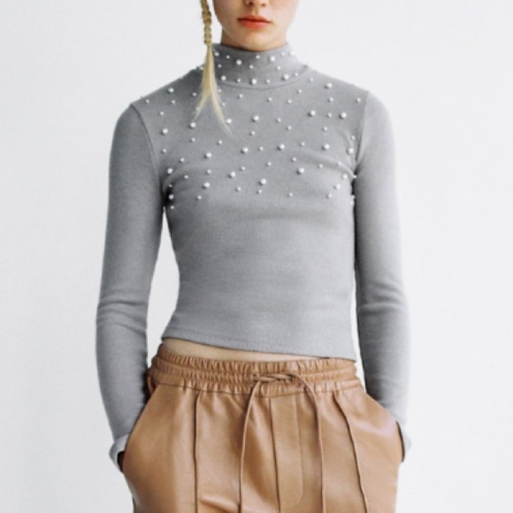 Zara charcoal pearl mock neck sweater